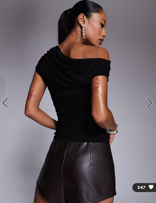 Kaiia exclusive double layered slinky drape off shoulder top in black