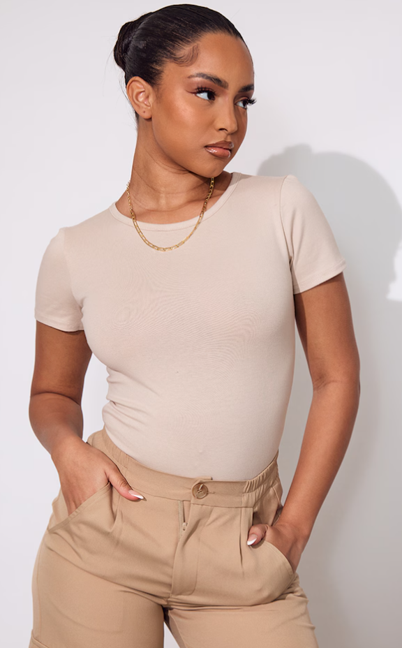 Petite Moss Sand Cotton Blend Fitted Short Sleeve Bodysuit