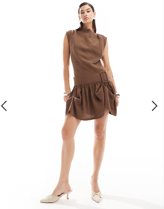 ASOS DESIGN cowl neck hitched hem cupro mini dress in brown