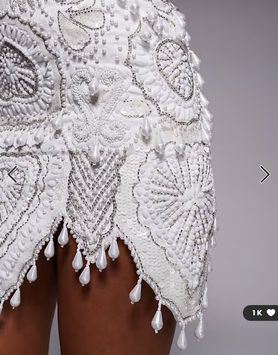ASOS LUXE gem encrusted mini dress with pearl embellishment & scallop hem in white