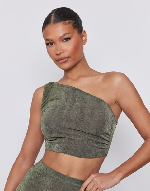 Khaki Acetate Slinky One Shoulder Ruched Top