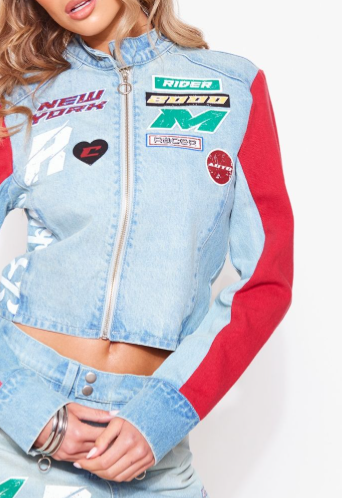 Light Blue Wash Racer Slogan Zip Front Fitted Denim Jacket