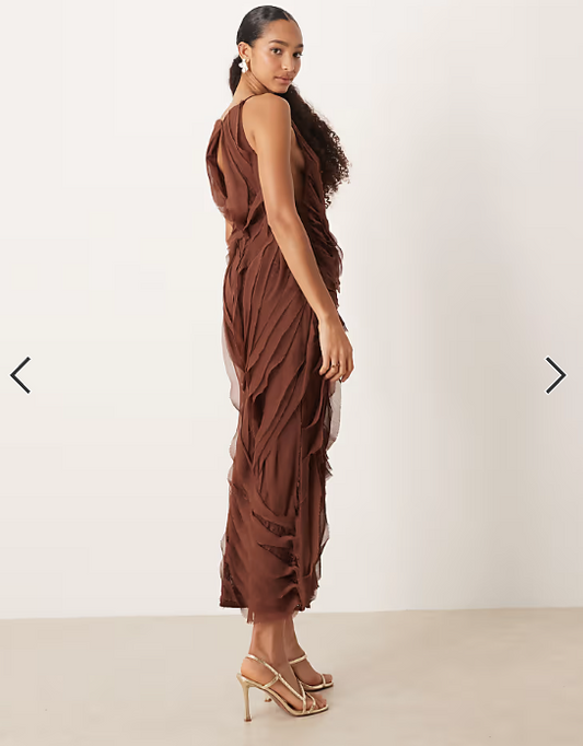 ASOS DESIGN high neck raw edge ruffle maxi dress with lace inserts in chocolate