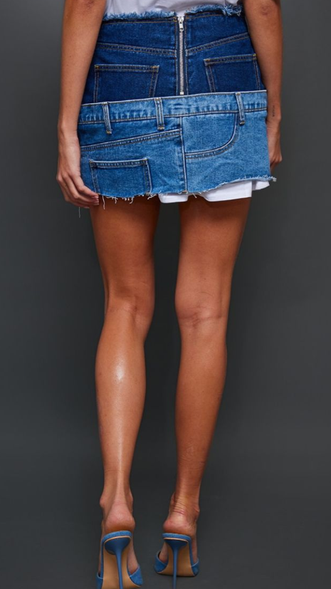 Plt - Mid Blue Wash Jean Waistband Contrast Panel Denim Mini Skirt