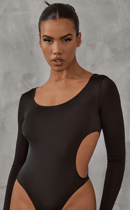 Black Slinky Cut Out Side Long Sleeve Bodysuit