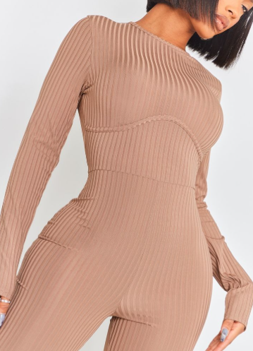 Shape Mocha Rib Underbust Detail Long Sleeve Jumpsuit