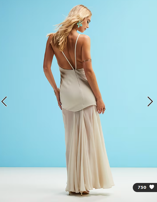 ASOS DESIGN high neck structured maxi dress with waved hem and chiffon godet skirt in stone