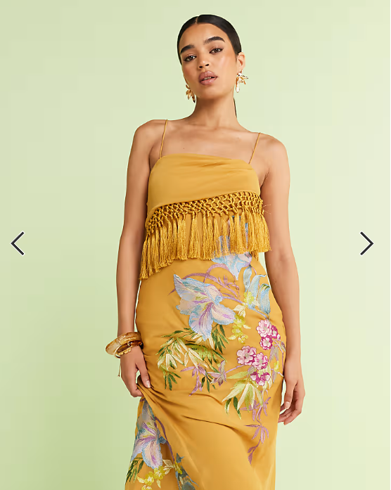 ASOS DESIGN fringe detail embroidered maxi dress in mustard