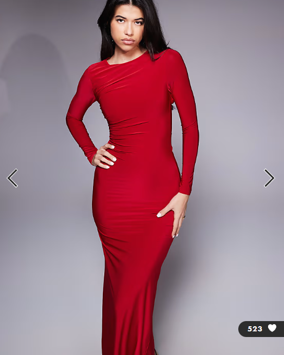 Kaiia exclusive double layered slinky cut out back detail long sleeve maxi dress in cherry red