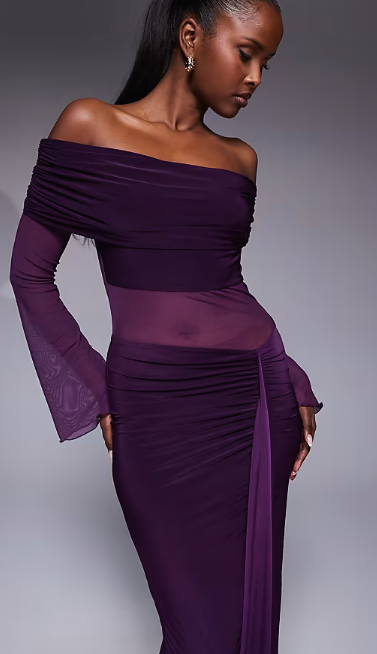 Asos - Kaiia exclusive double layered slinky foldover bardot sheer panel ruched skirt maxi dress in plum