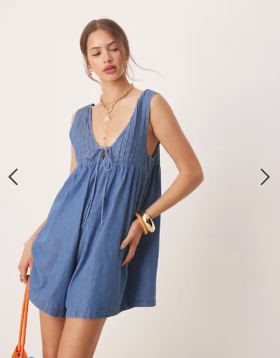 Miss Selfridge denim playsuit with pintuck detail in blue wash