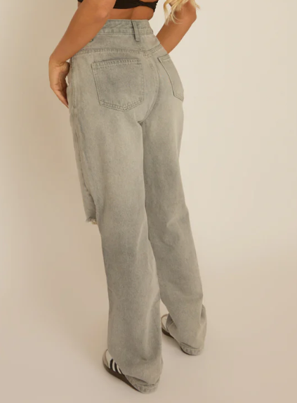 Rebellious - Grey Denim Distressed Knee Extra Long Jeans - Ivelisse