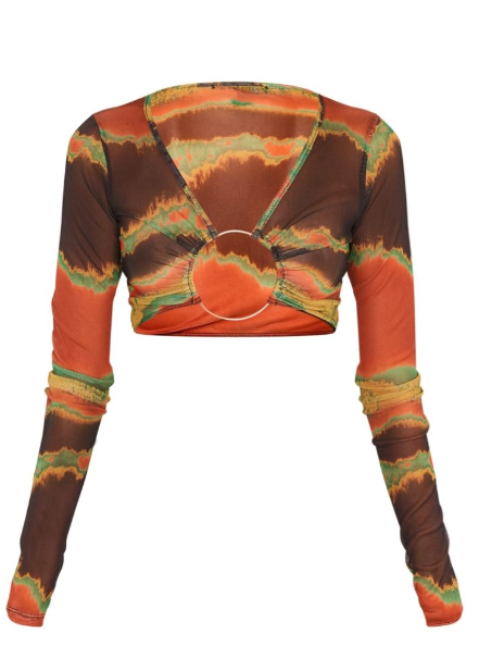 Green Tie Dye Printed Mesh Ring Detail Crop Top