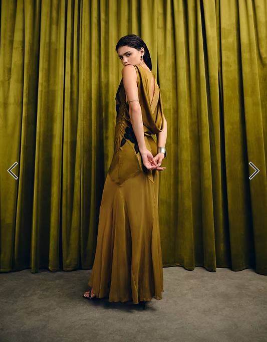 ASOS DESIGN satin drape back lace applique maxi dress with godets in cinnamon