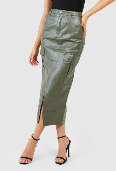 Boohoo Pu Coated Cargo Pocket Denim Midaxi Skirt - khaki