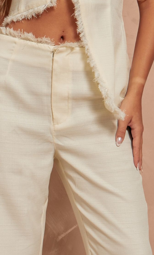 Plt - Cream Textured Woven Raw Hem Low Rise Straight Leg Trousers