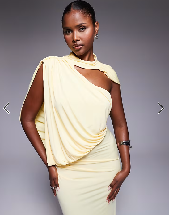 ASOS DESIGN one shoulder drape maxi dress with cape detail in buttermilk yellow