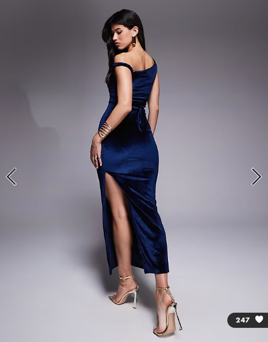 ASOS DESIGN velvet twist shoulder with lace up back midi dress in navy