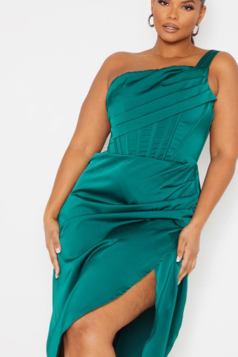 Plus Emerald Green Satin Drape Detail Side Split Midi Dress