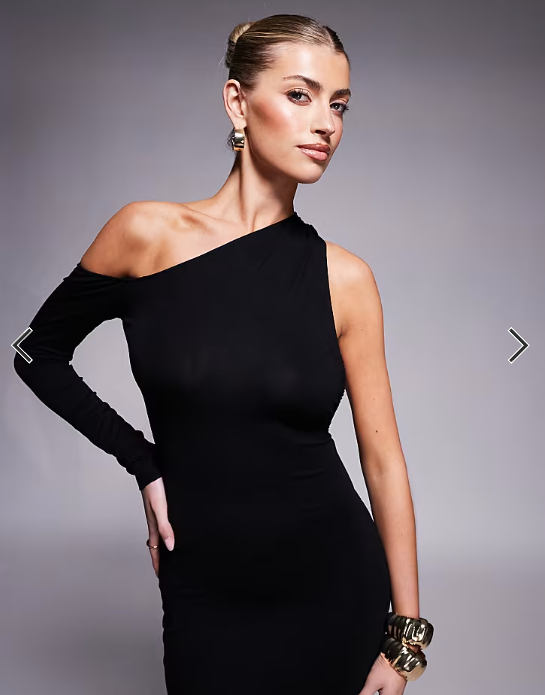 ASOS DESIGN long sleeve asymmetric drape side detail midi dress with trim back in black