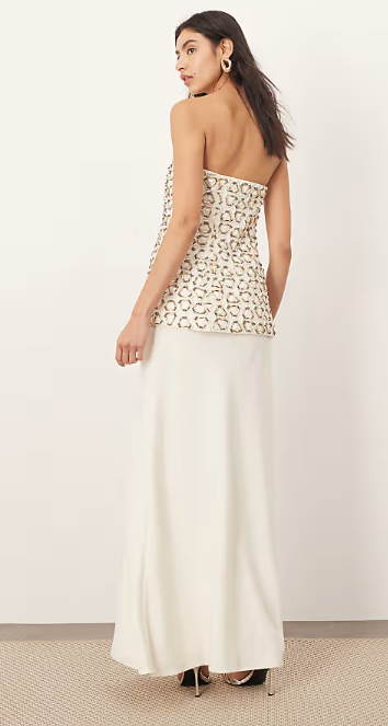 Asos - ARRANGE geo embellished hybrid bandeau maxi dress in ivory and gold