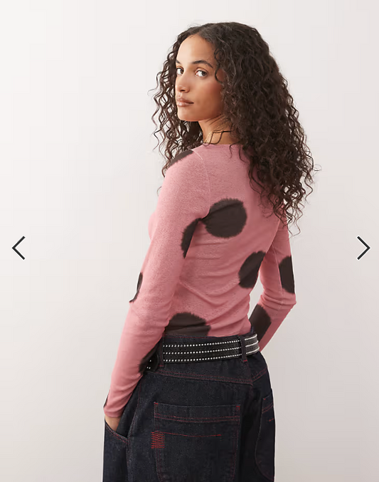 COLLUSION slash neck long sleeve top in pink polka dot