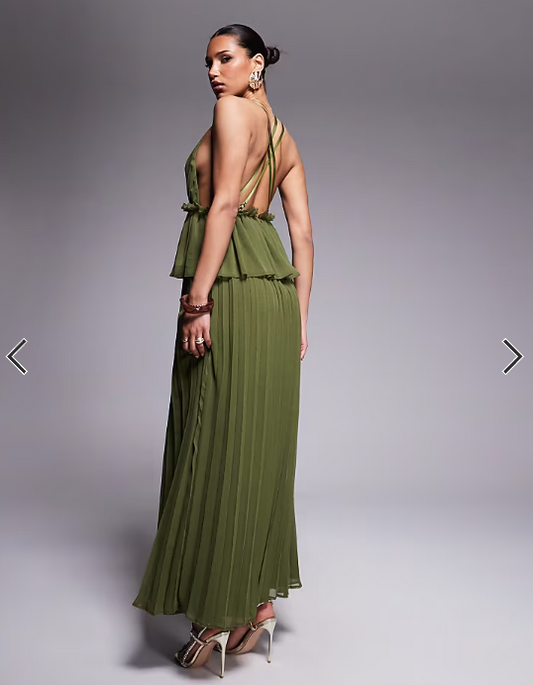 ASOS DESIGN pleated plunge midi dress with peplum in dark khaki