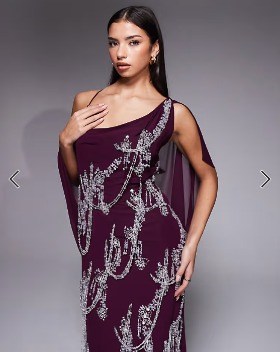 ASOS DESIGN fringe embellished bias cut maxi dress with cape sleeve in plum