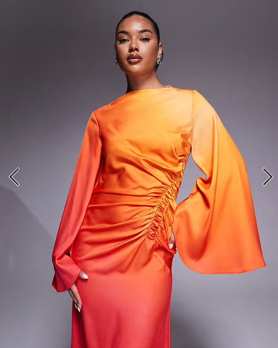 ASOS DESIGN exaggerated sleeve bias maxi dress with ruched waist in ombre