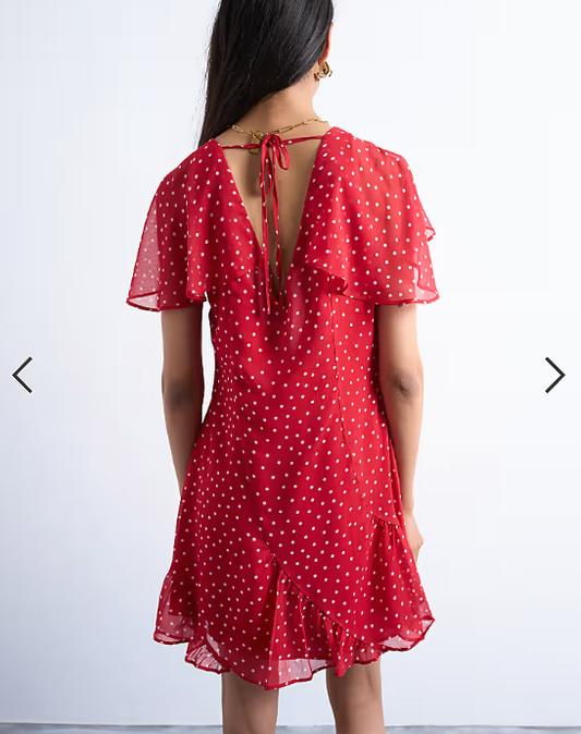 Topshop cape sleeve godet hem mini dress in red based spot