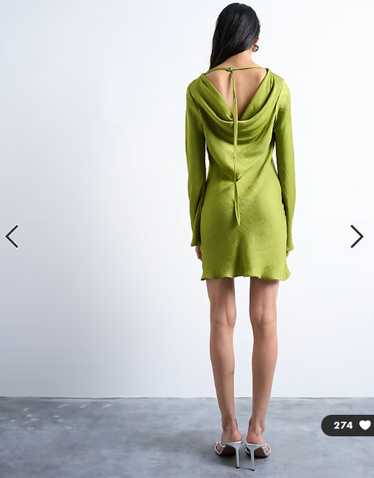 Topshop cowl back long sleeve mini satin in green