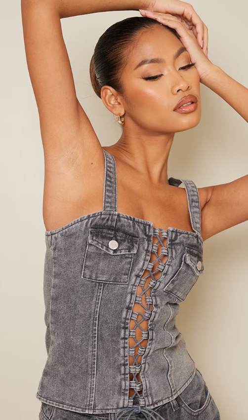 Plt - Grey Acid Wash Lace Up Denim Top
