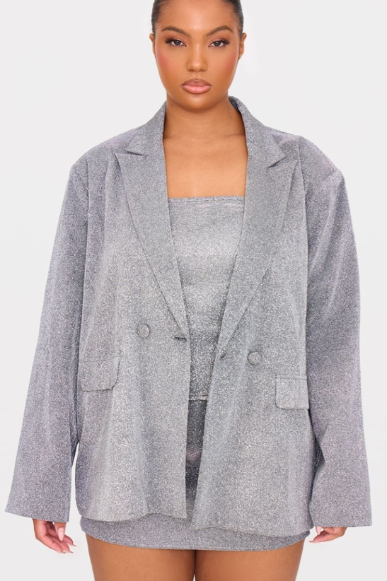 Plt - Plus Silver Glitter Oversized Curved Hem Boxy Blazer
