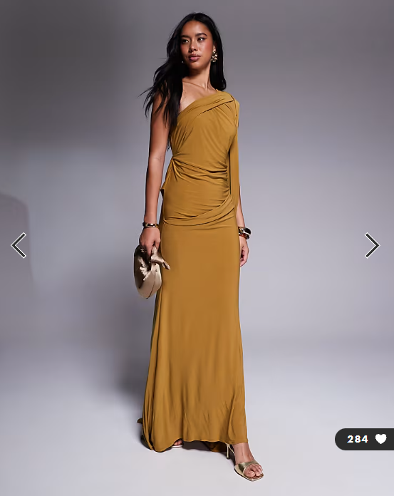 ASOS DESIGN Premium asymmetric one sleeve maxi dress with draped back in bronze