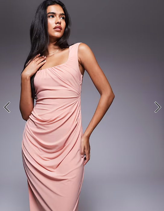ASOS DESIGN shaped neckline wide strap with draped skirt midi dress in light pink