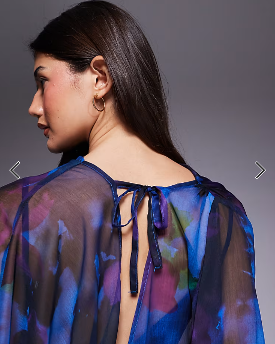 ASOS DESIGN high neck drape front extreme cape sleeve mini dress in blue floral
