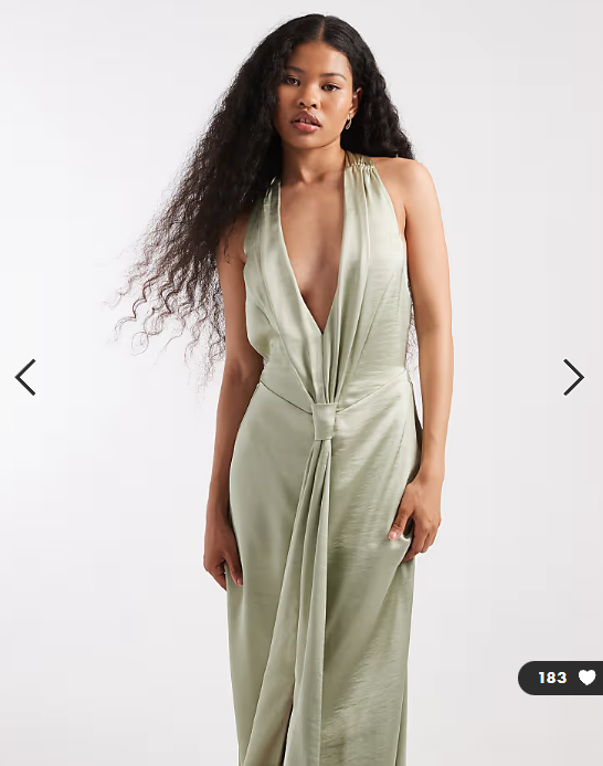 TFNC Petite Bridesmaid satin plunge halter neck tassel detail maxi dress in sage green
