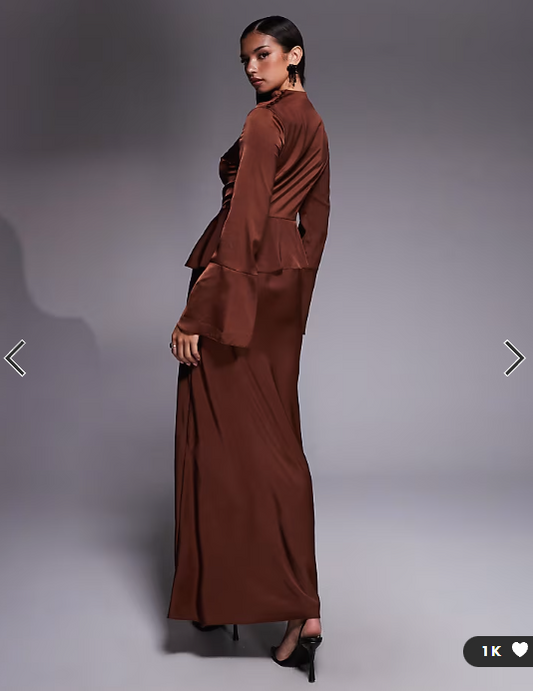 ASOS DESIGN fluted sleeve peplum maxi dress in chocolate