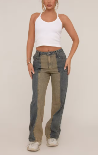 High Waist Contrast Panel Straight Leg jeans