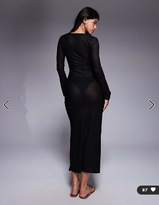 Missyempire beach sheer knit keyhole maxi dress in black