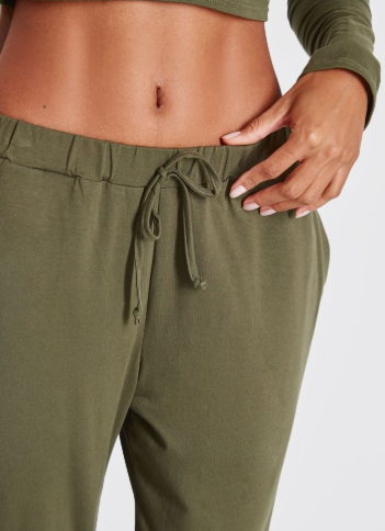 Olive Cotton Jersey Wide Leg Trousers