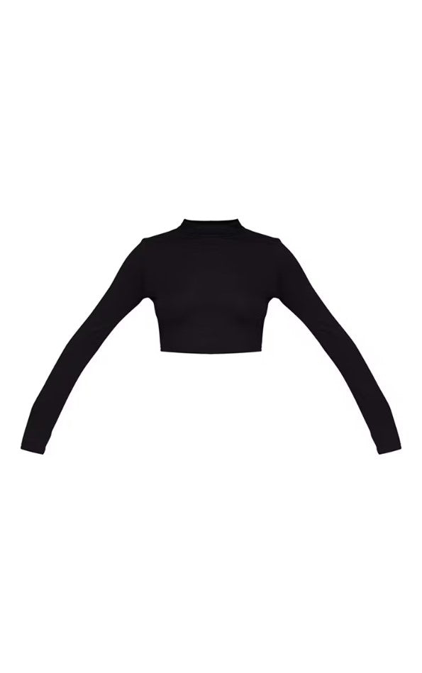 Black High Neck Long Sleeve Crop Top