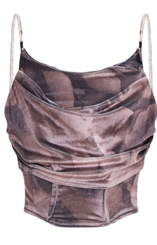 Brown Printed Velvet Diamante Strap Crop Corset