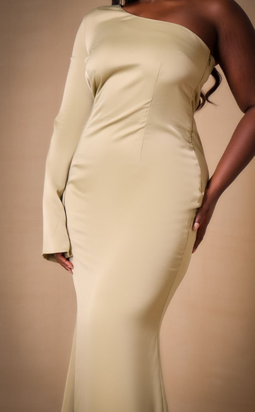 Plus Sage Bridesmaid Satin One Shoulder Flared Sleeve Maxi Dress