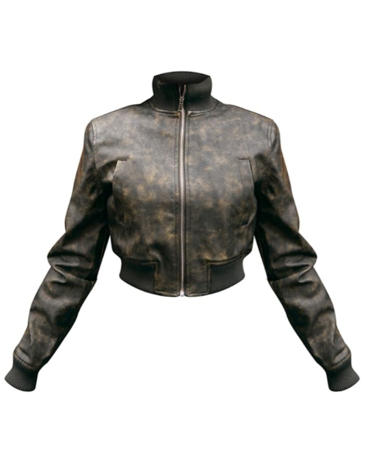 Washed Khaki Faux Leather Rib High Neck Shoulder Padded Bomber Jacket