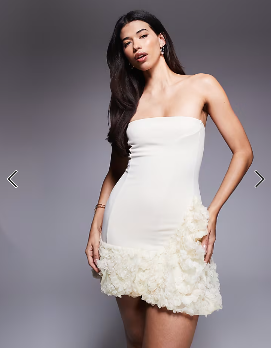 ASOS DESIGN bandeau mini dress with 3D floral bubble hem in cream