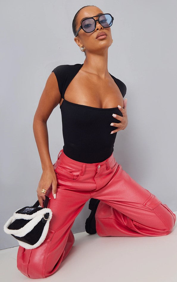 Black Contour Rib Cut Out Short Sleeve Bodysuit