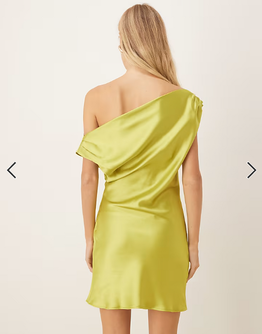 ASOS DESIGN satin drape one shoulder mini dress in green