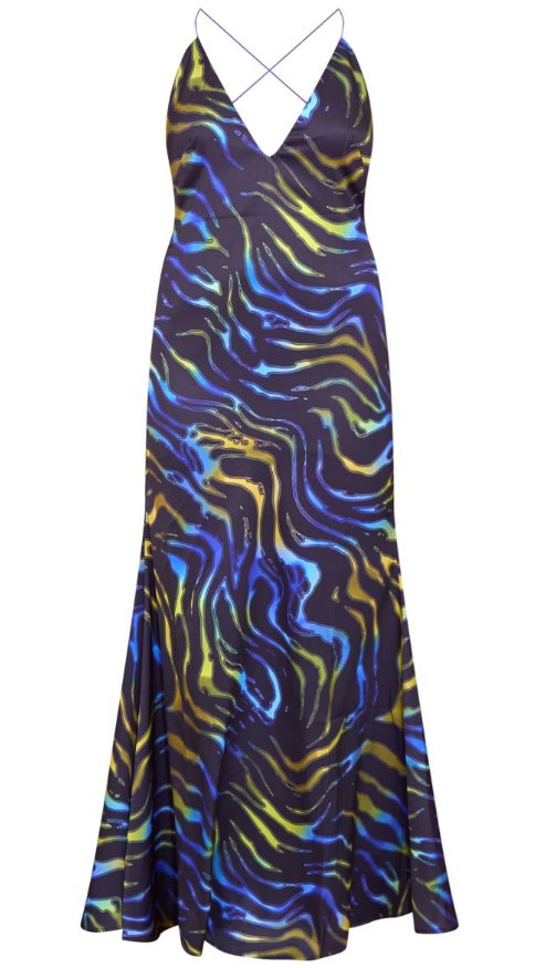 Blue Abstract Print Satin Maxi Dress