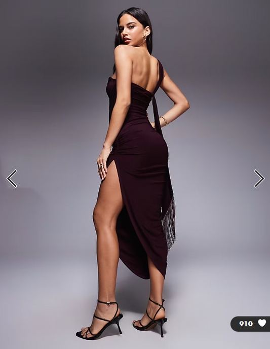 ASOS DESIGN slinky wired sculpted midi dress with tassel drape detail in deep plum